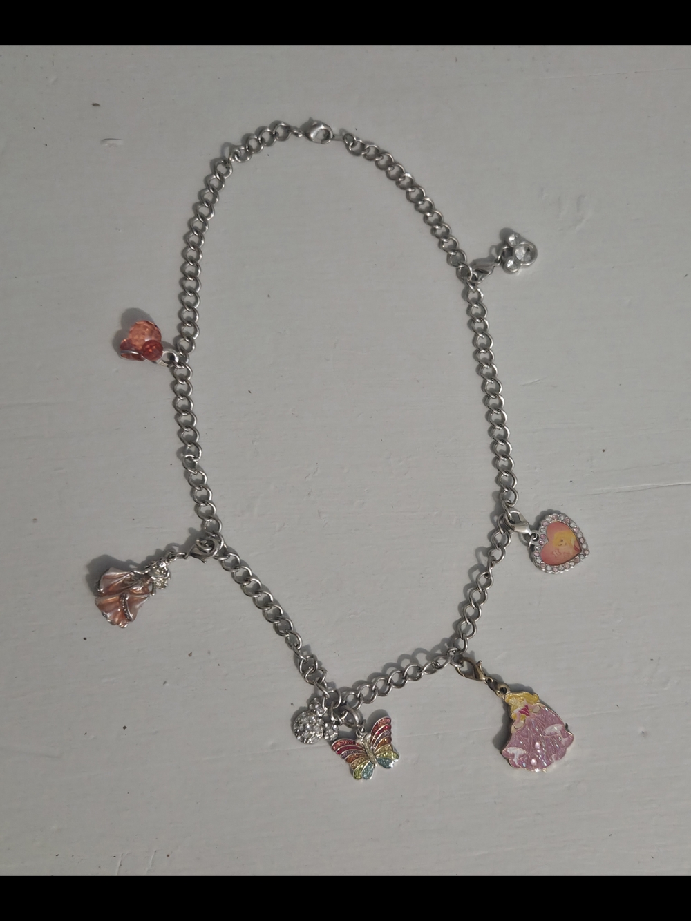 Disney Sleeping Beauty Vintage Signed Charm Necklace Silver Tone